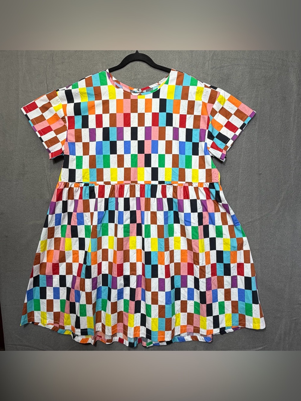 Multicolor Checkered Short-Sleeve Midi Dress